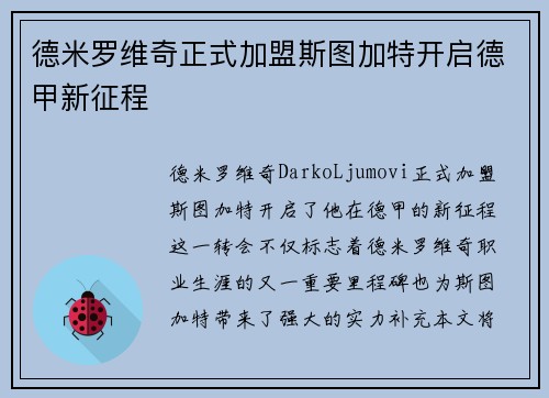 德米罗维奇正式加盟斯图加特开启德甲新征程